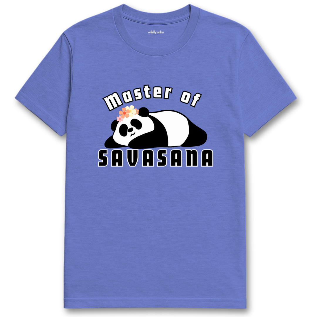 Master of Savasana with Panda_Heather royal blue yoga t-shirt with a panda graphic and text 'Master of Savasana' - wildly calm