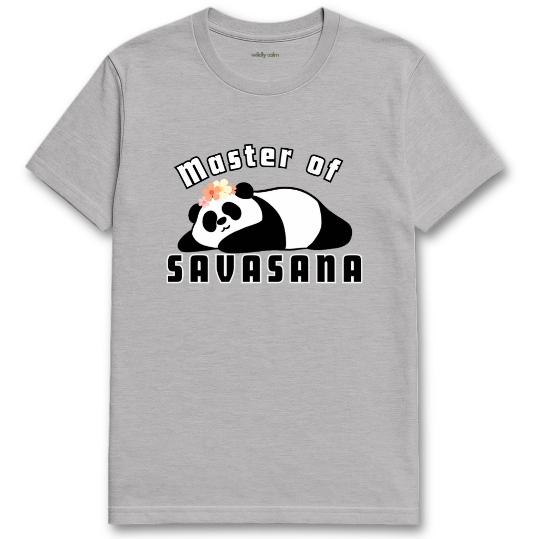 Master of Savasana with Panda_sports grey yoga t-shirt with a panda graphic and text 'Master of Savasana' - wildly calm
