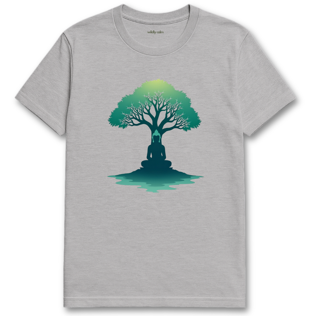 Meditating Buddha_Sports Grey t-shirt with a green tree and sitting figure design on a white background for yoga - wildly calm