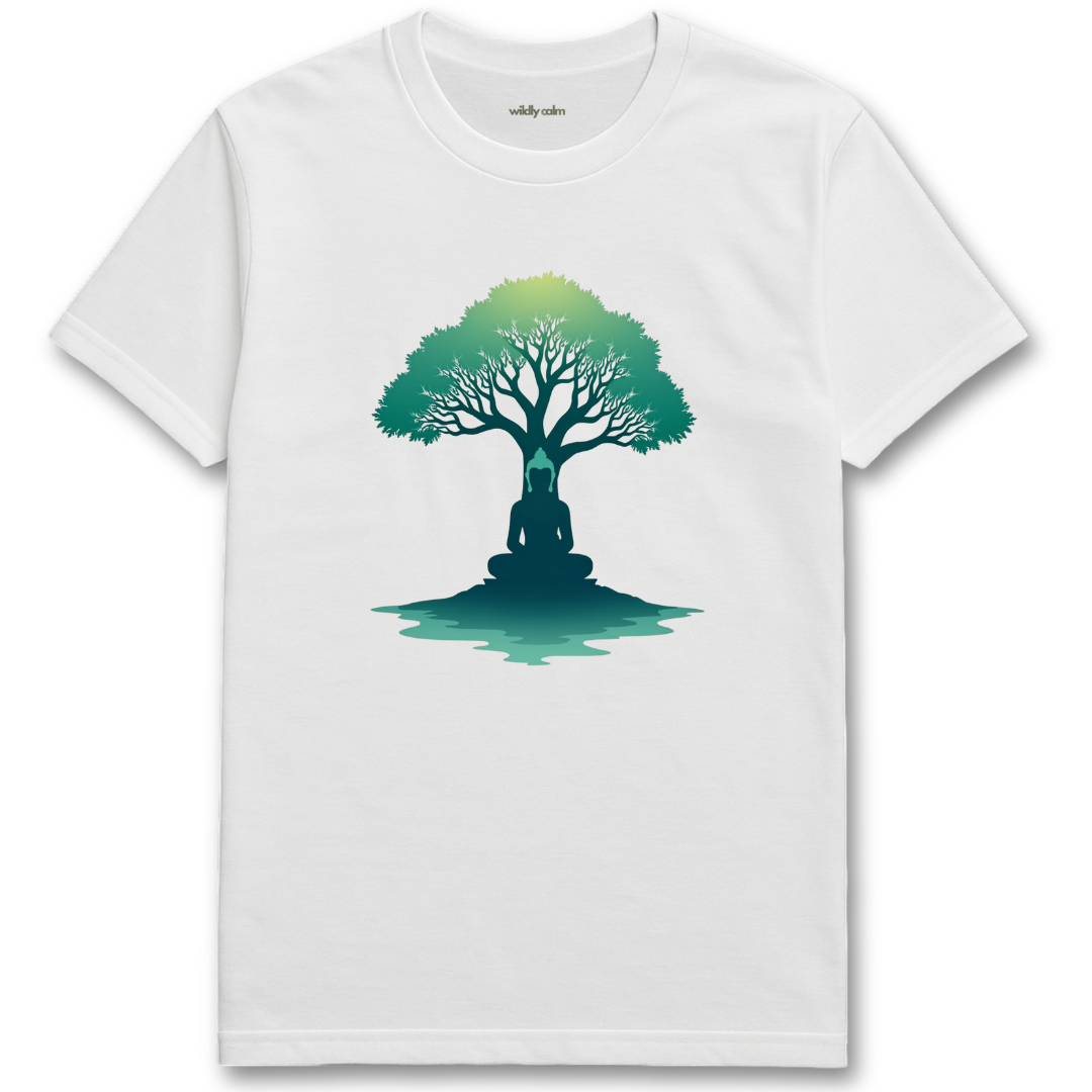 Meditating Buddha_white t-shirt with a green tree and sitting figure design on a white background for yoga - wildly calm