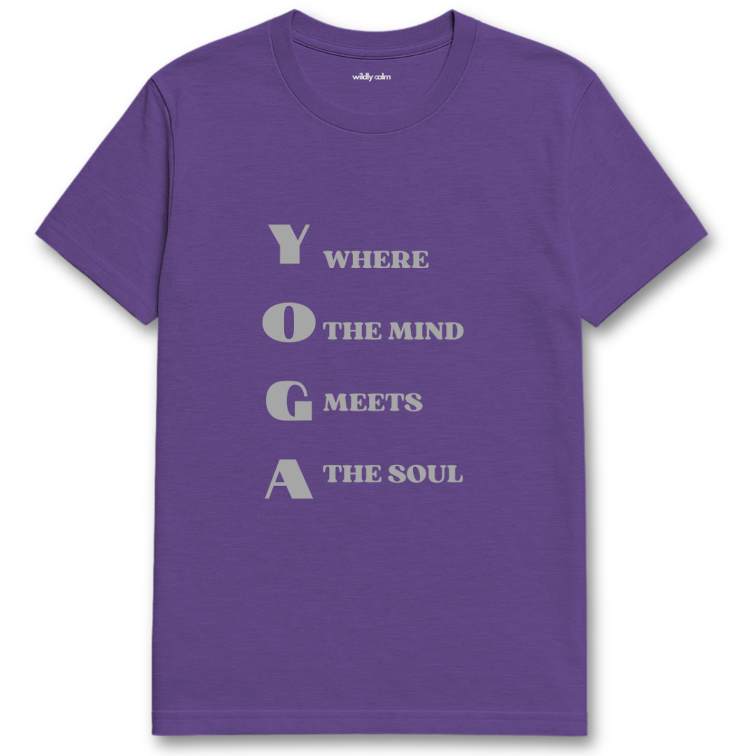 Mind Meets Soul_Heather Purple yoga t-shirt with grey text - wildly calm