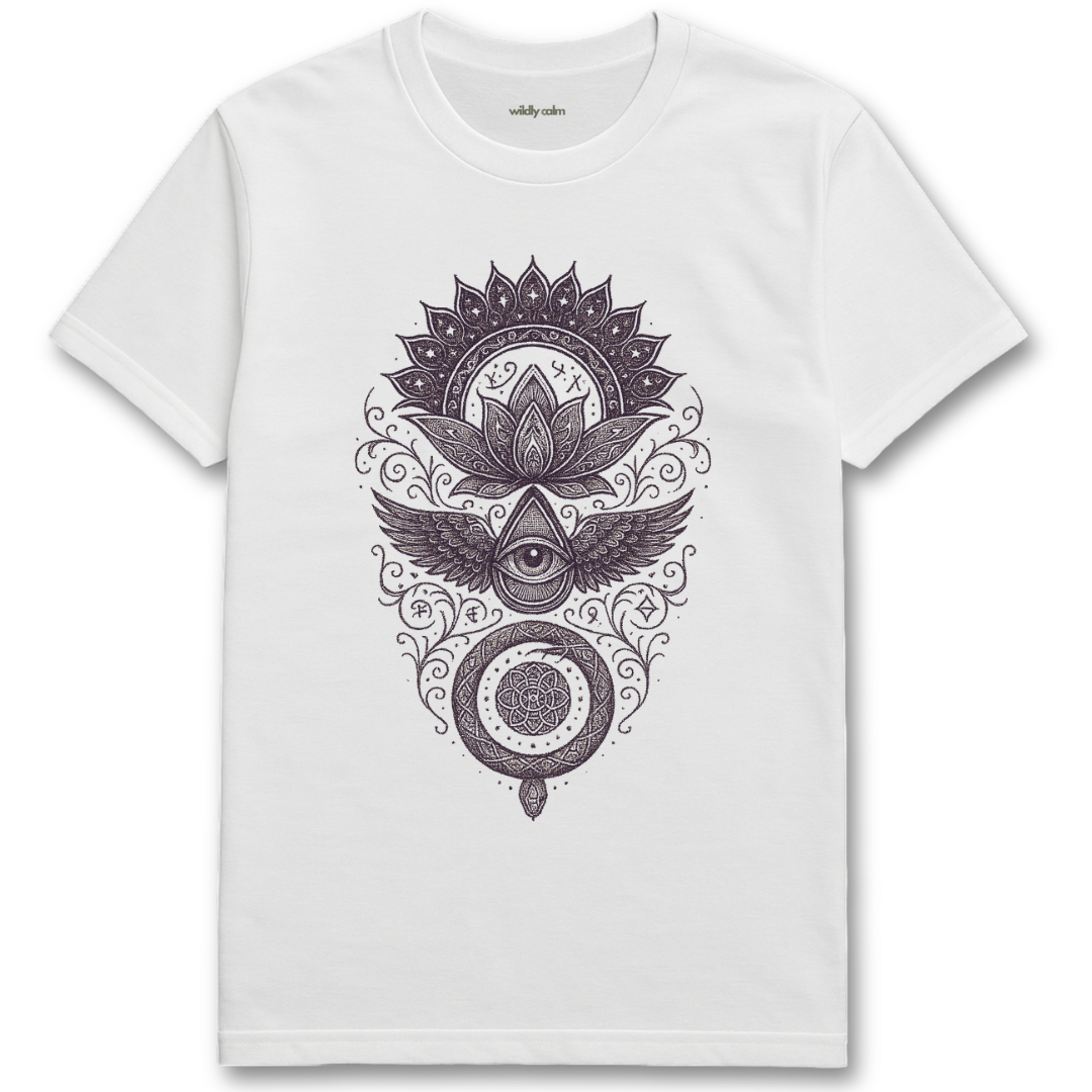 White Moon-Eye-Ouroboros t-shirt with black intricate design featuring an eye, feathers, and floral elements on a white background for yoga -- Wildly Calm