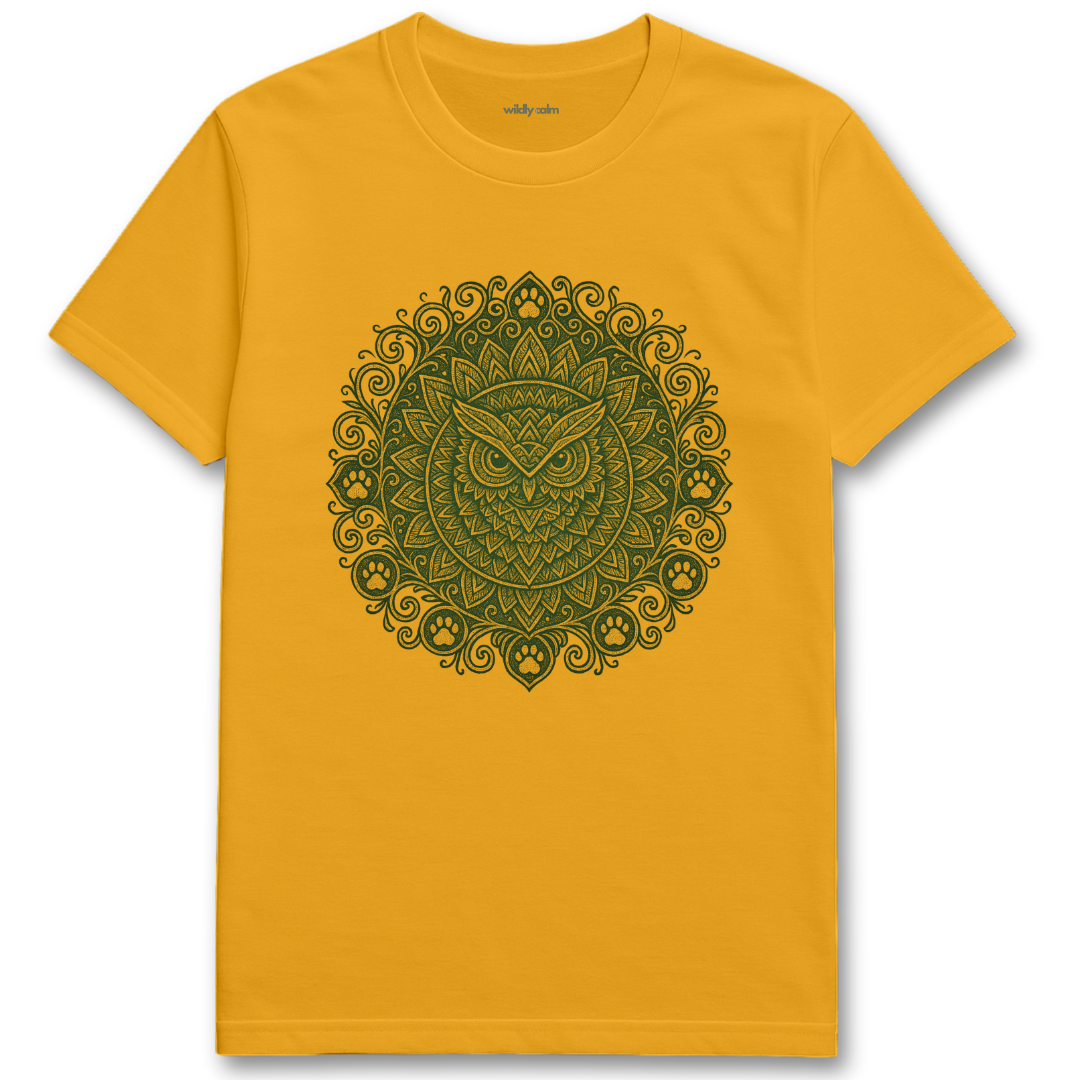 Wildly Calm_Moonlit Sage Owl Mandala_Gold yoga t-shirt with a green owl mandala design on a white background