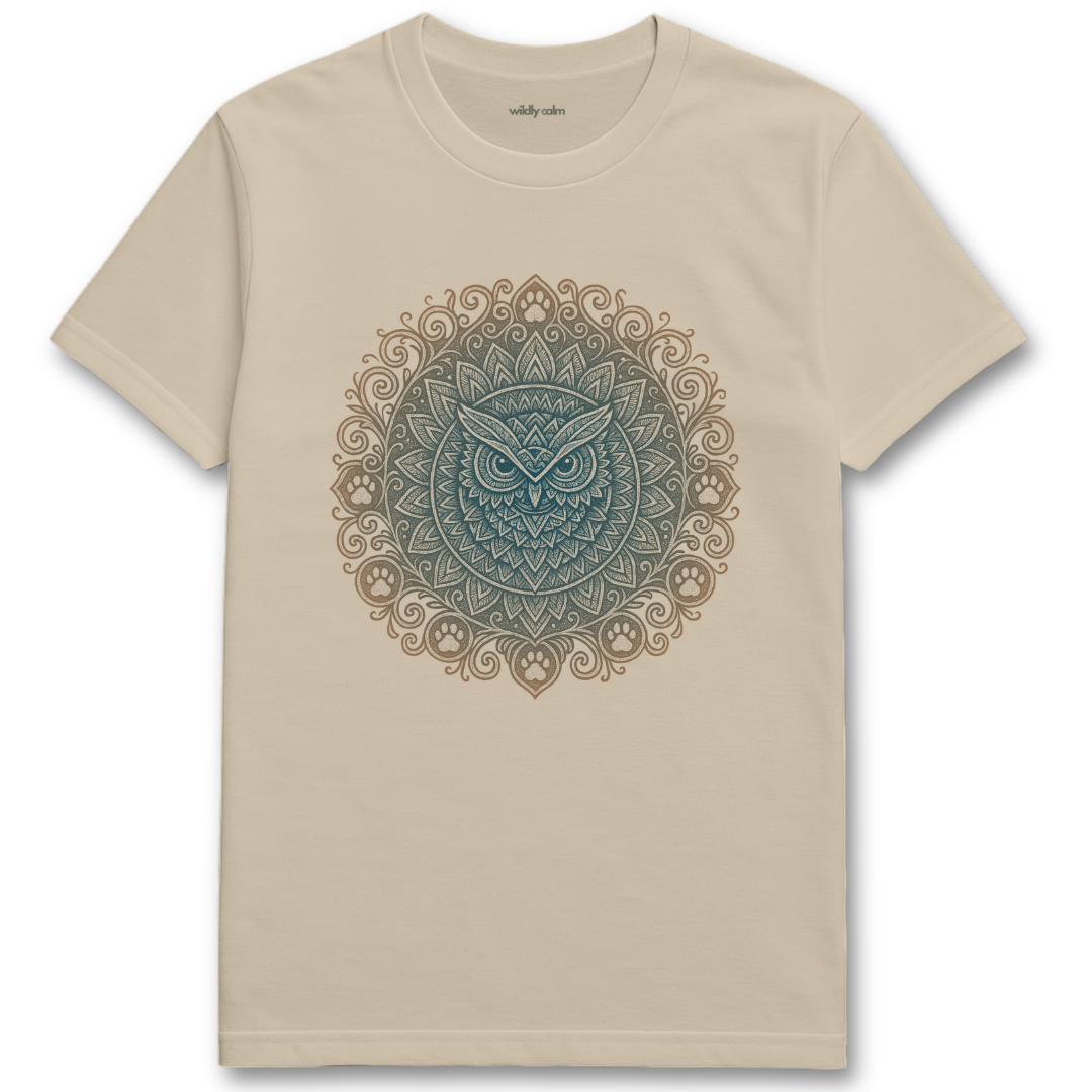 Wildly Calm_Moonlit Sage Owl Mandala_Sand/ Beige yoga t-shirt with a green owl mandala design on a white background