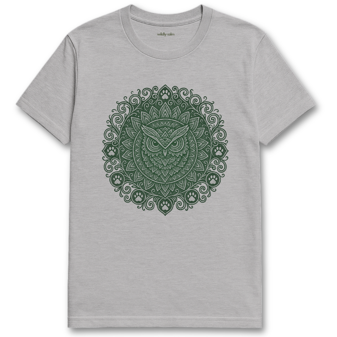 Wildly Calm_Moonlit Sage Owl Mandala_Sports Grey yoga t-shirt with a green owl mandala design on a white background