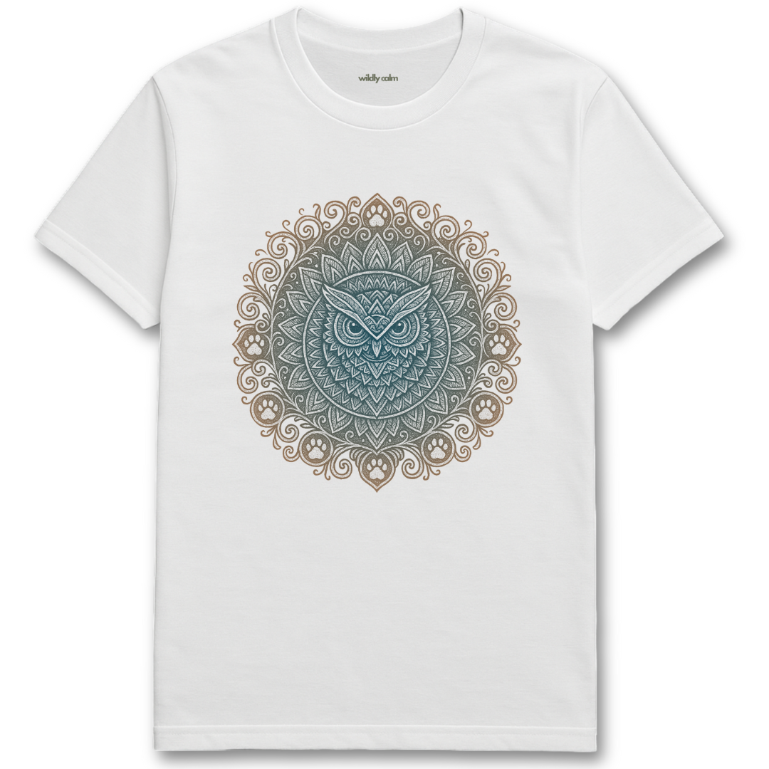 Wildly Calm_Moonlit Sage Owl Mandala_white yoga t-shirt with a green owl mandala design on a white background