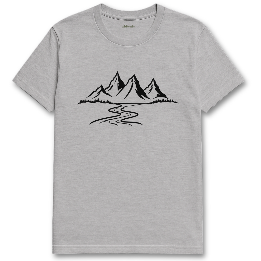Mountain Serenity_Sports Grey t-shirt with a mountain graphic - wildly calm