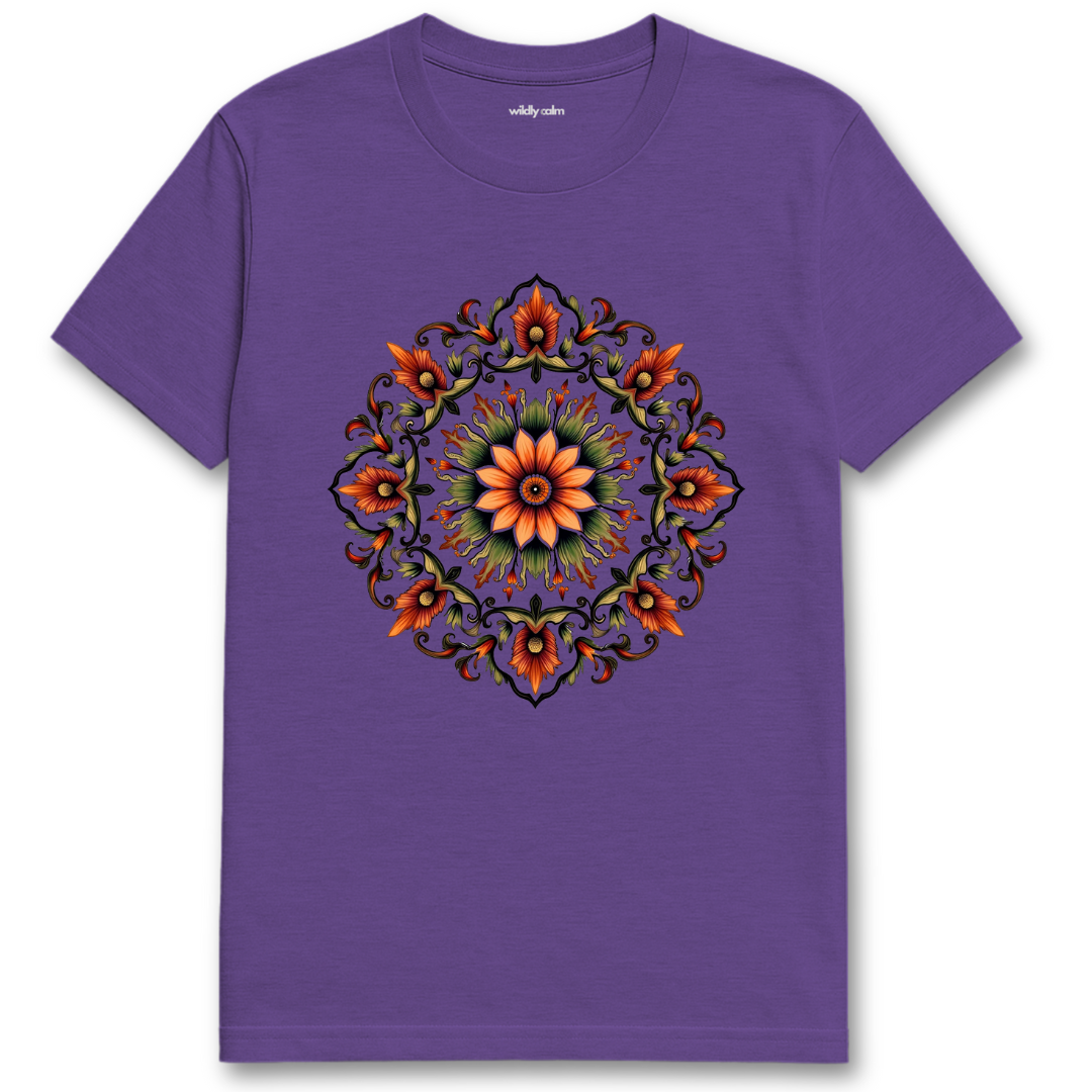 Mystic Bloom Mandala_Heather Purple t-shirt with a colorful floral mandala design on a white background for yoga