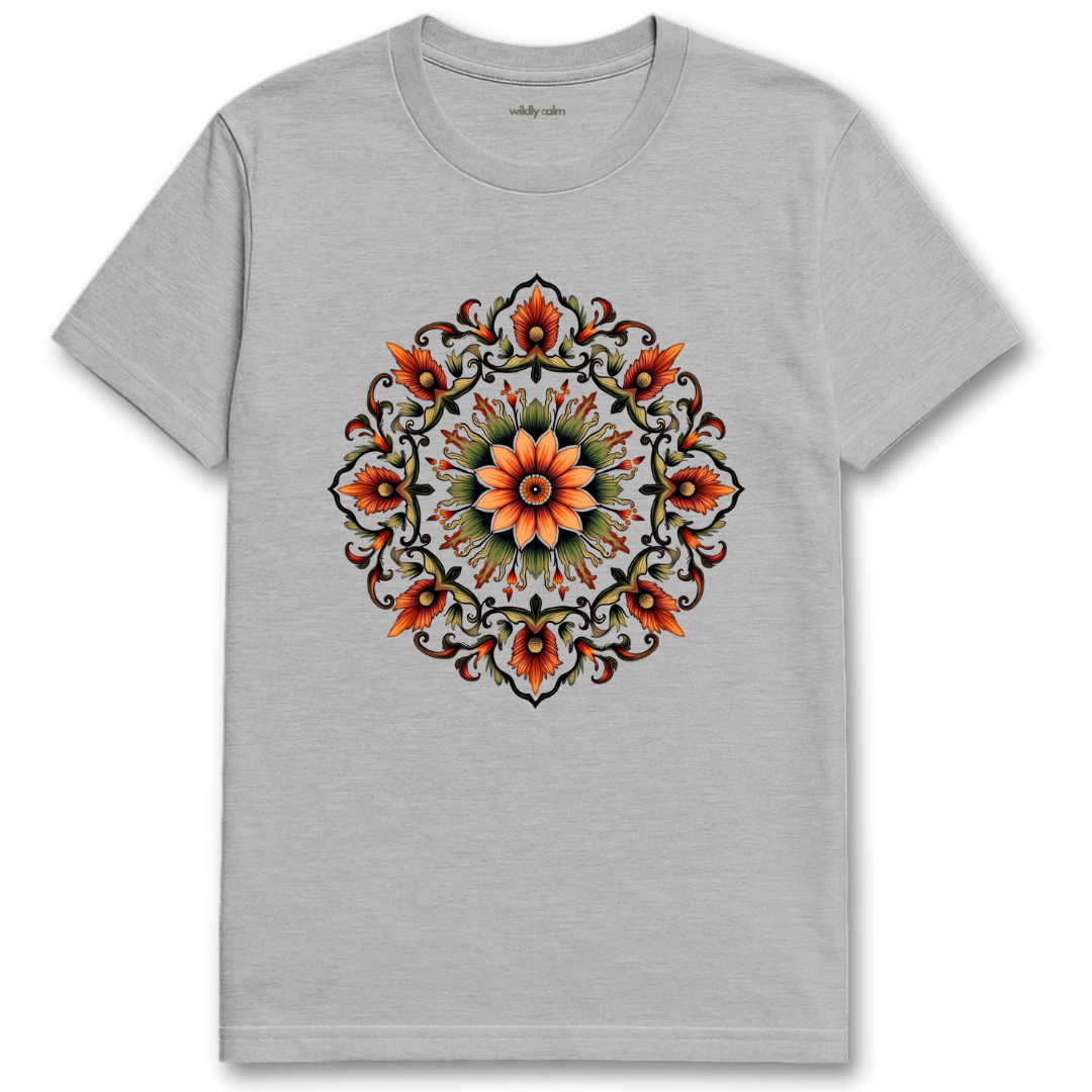 Mystic Bloom Mandala_Sports Grey t-shirt with a colorful floral mandala design on a white background for yoga