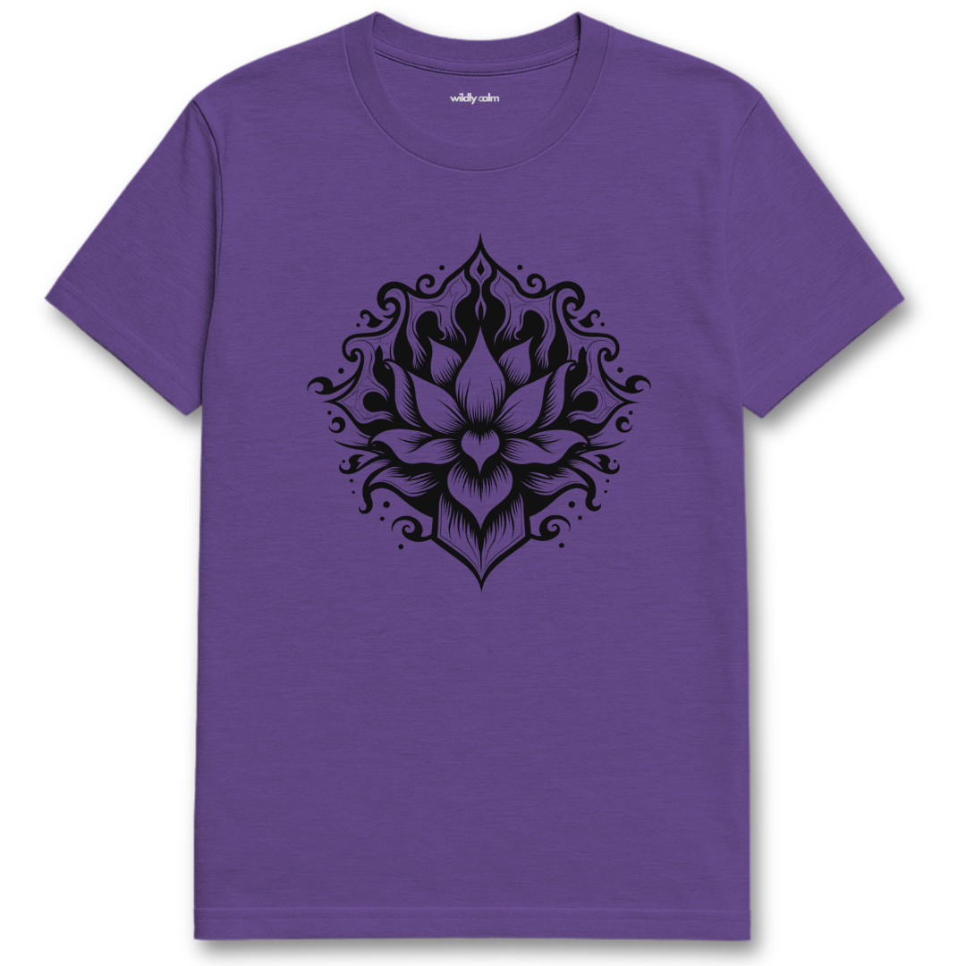 Mystic Lotus Heather Purple t-shirt with a black lotus flower design for yoga - Wildly Calm
