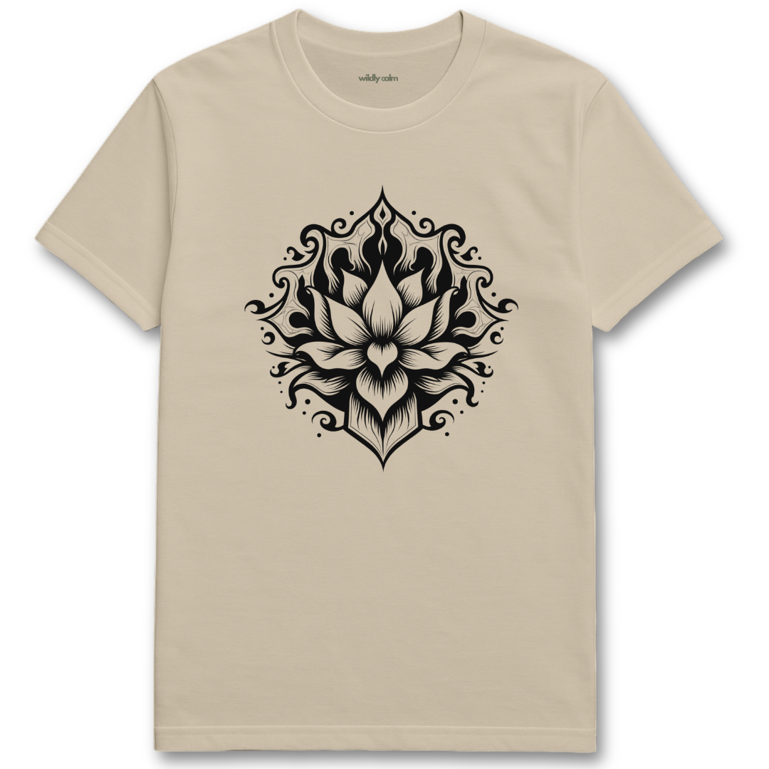 Mystic Lotus sand/ Beige t-shirt with a black lotus flower design for yoga - Wildly Calm