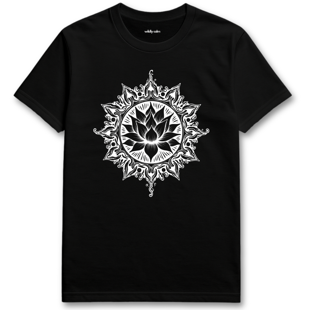 Mythical Lotus_Black t-shirt with white mandala design for yoga- Wildly calm