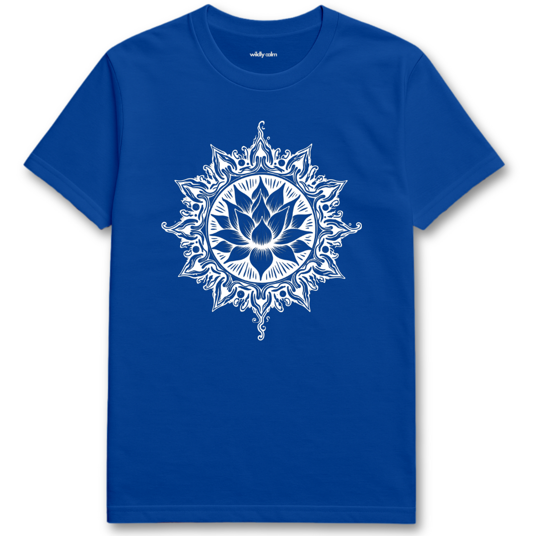 Mythical Lotus_Royal t-shirt with white mandala design for yoga- Wildly calm