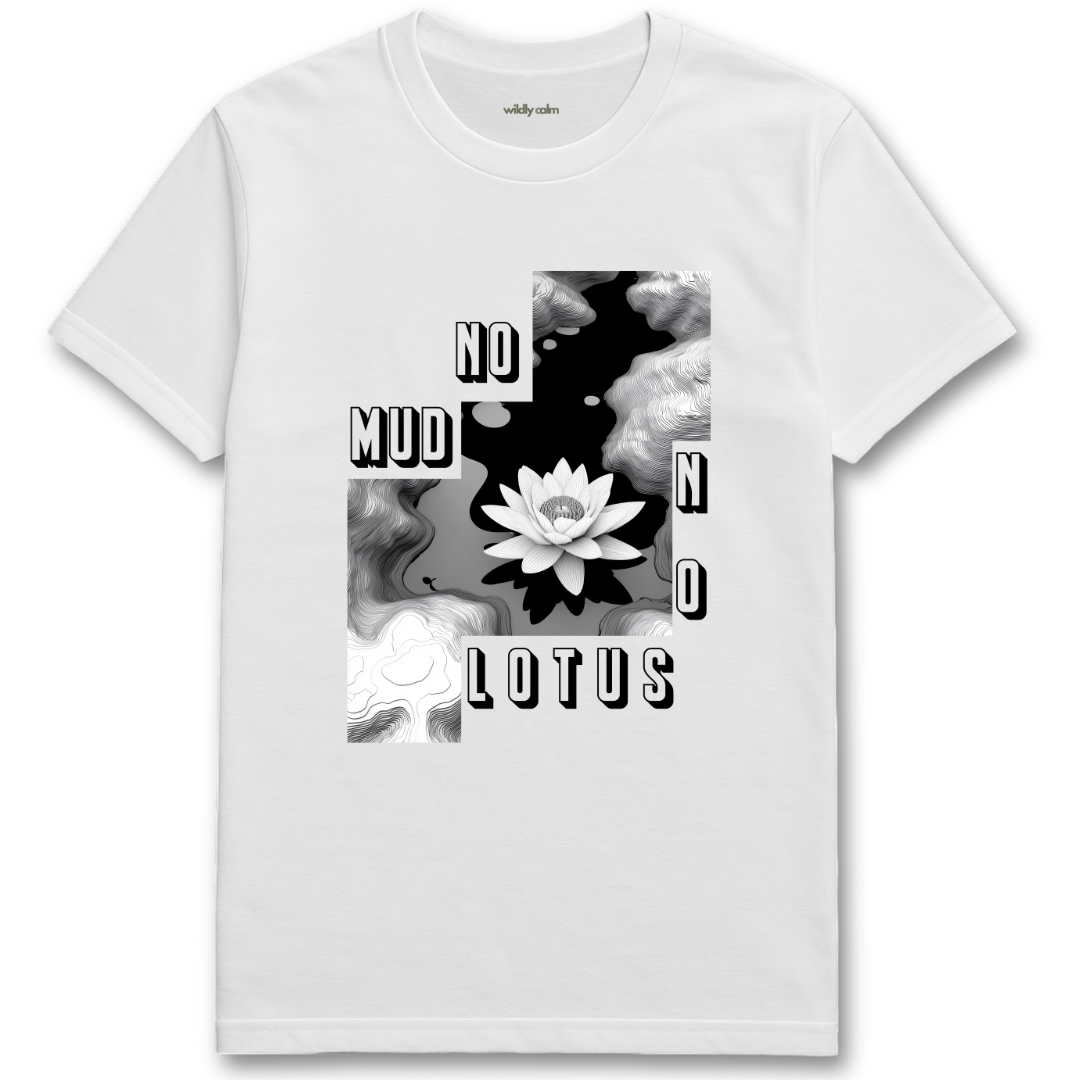 Mythical Lotus_White t-shirt with black and white lotus flower graphic and text on a white background - wildly calm