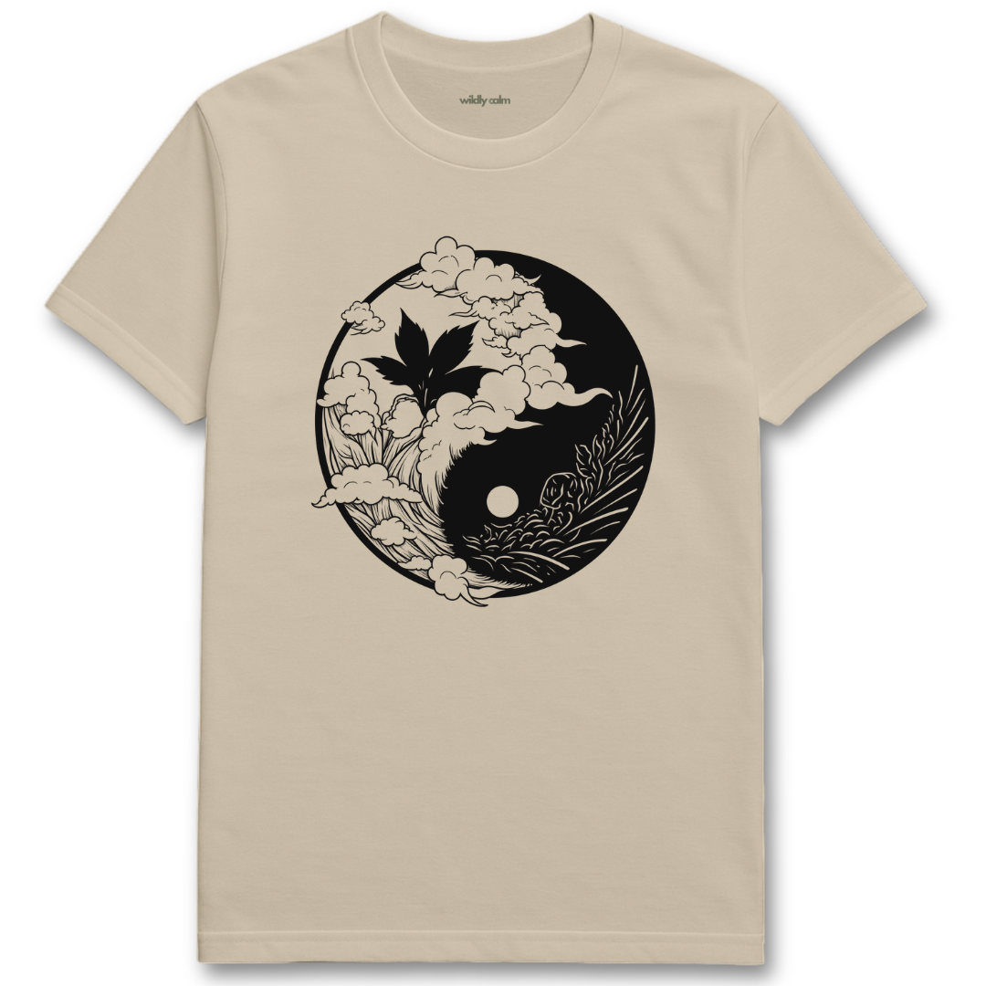 Nature Balance_sand/ beige t-shirt with black and white design yin yang on a white background for yoga