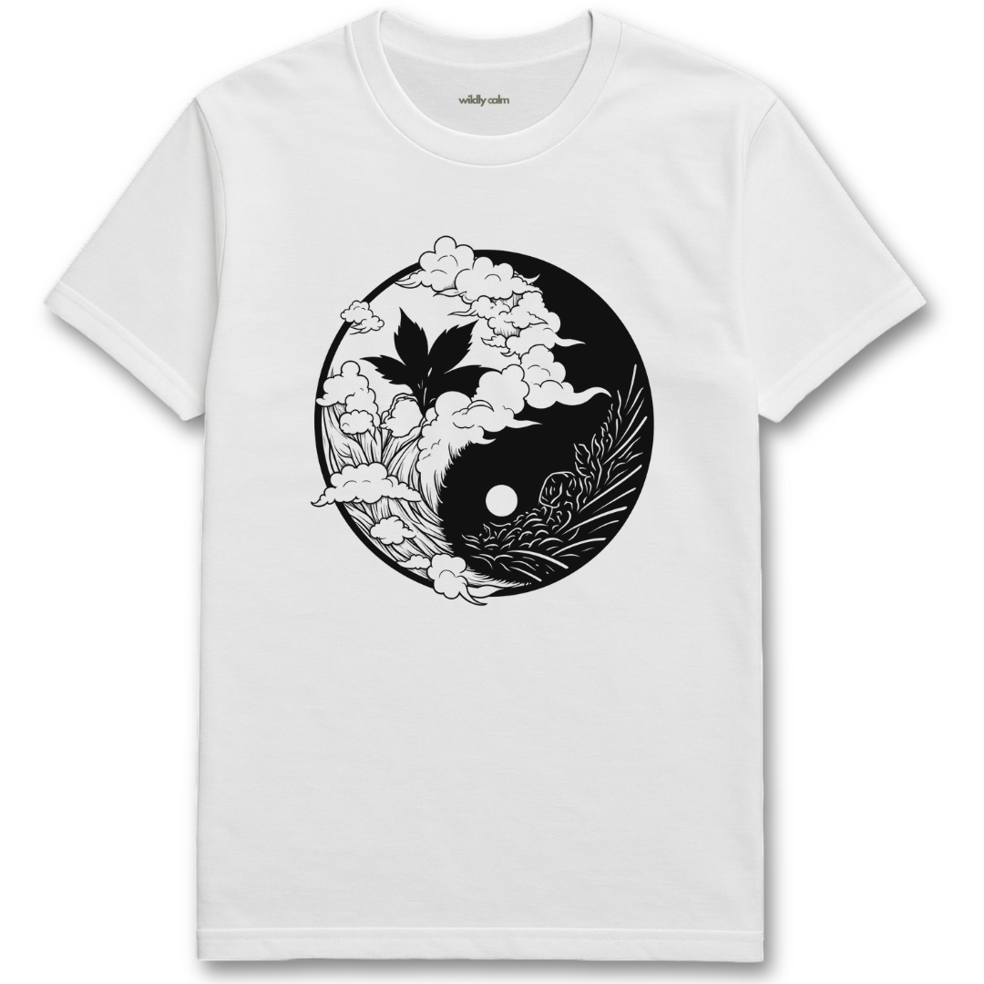 Nature Balance_white t-shirt with black and white design yin yang on a white background for yoga