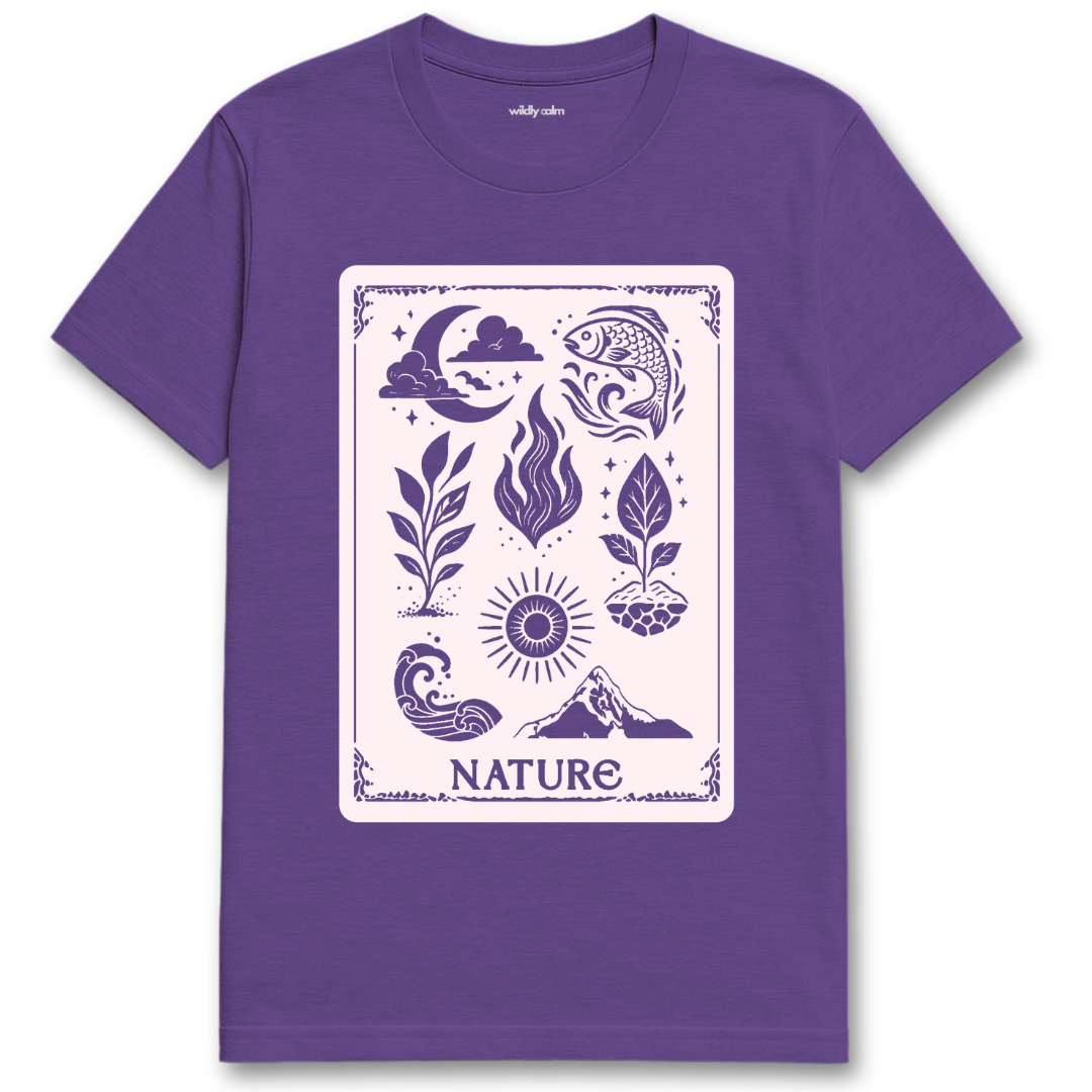 Nature Collective_Heather Purple yoga t-shirt with nature-themed design - wildly calm