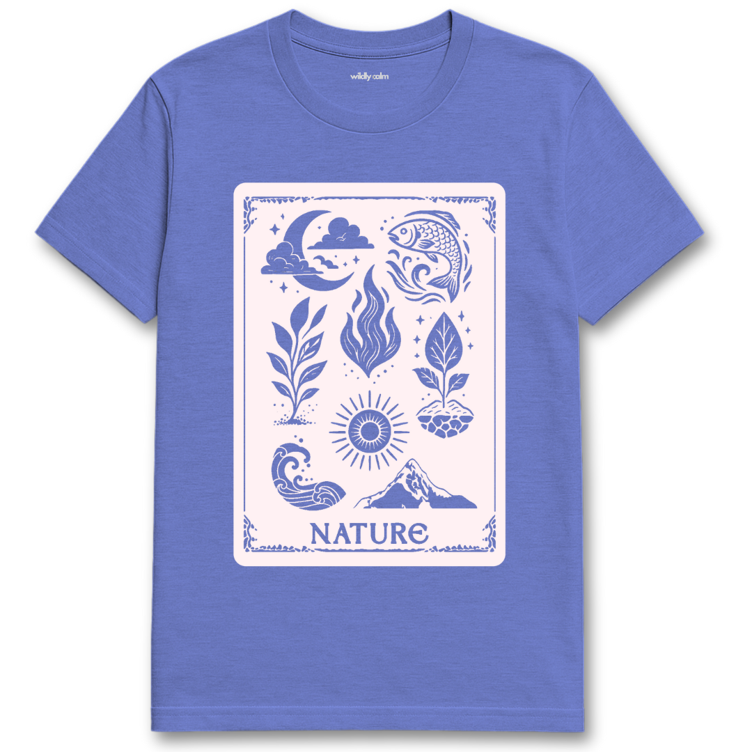 Nature Collective_Heather royal yoga t-shirt with nature-themed design - wildly calm