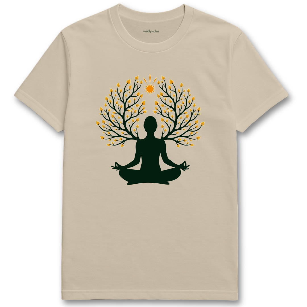 Nature's Serenity_sand/beige t-shirt with a black silhouette of a person meditating under a tree with yellow leaves - wildly calm