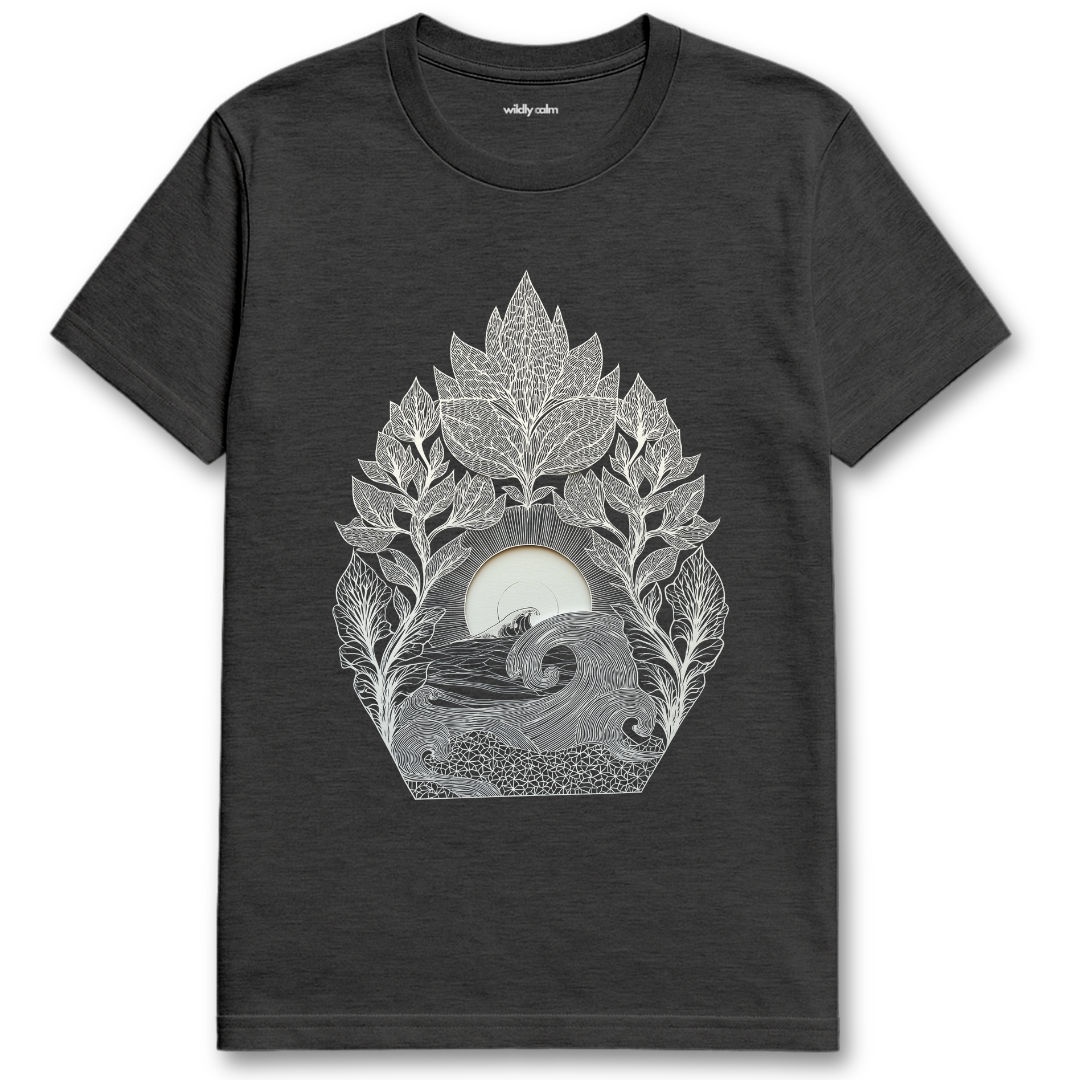 Ocean's Embrace_Heather Dark Grey yoga t-shirt with white nature-themed design - wildly calm