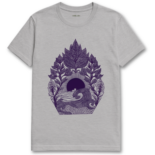 Ocean's Embrace_sports Grey yoga t-shirt with white nature-themed design - wildly calm