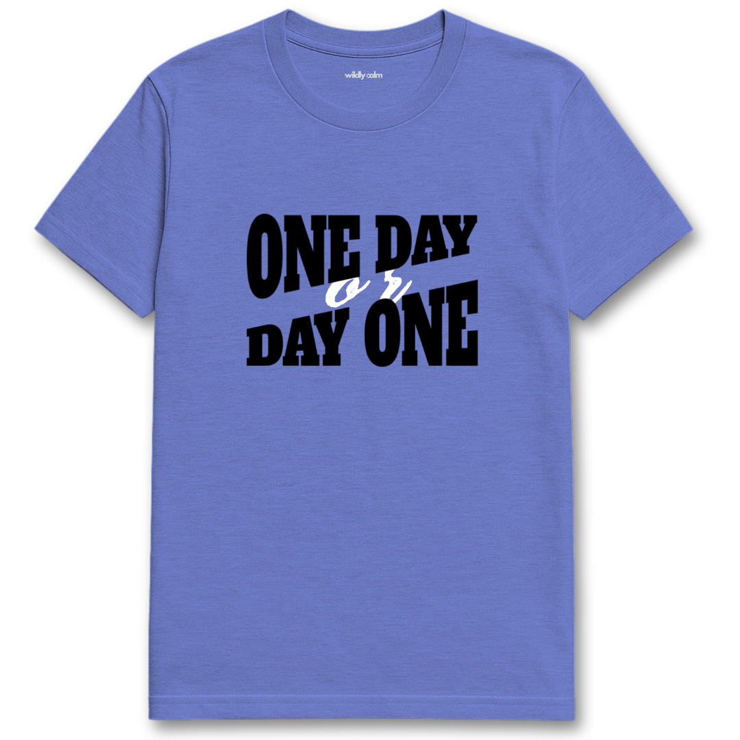 One Day or Day One_Heather royal blue yoga t-shirt with 'ONE DAY or DAY ONE' text on a white background - wildly calm