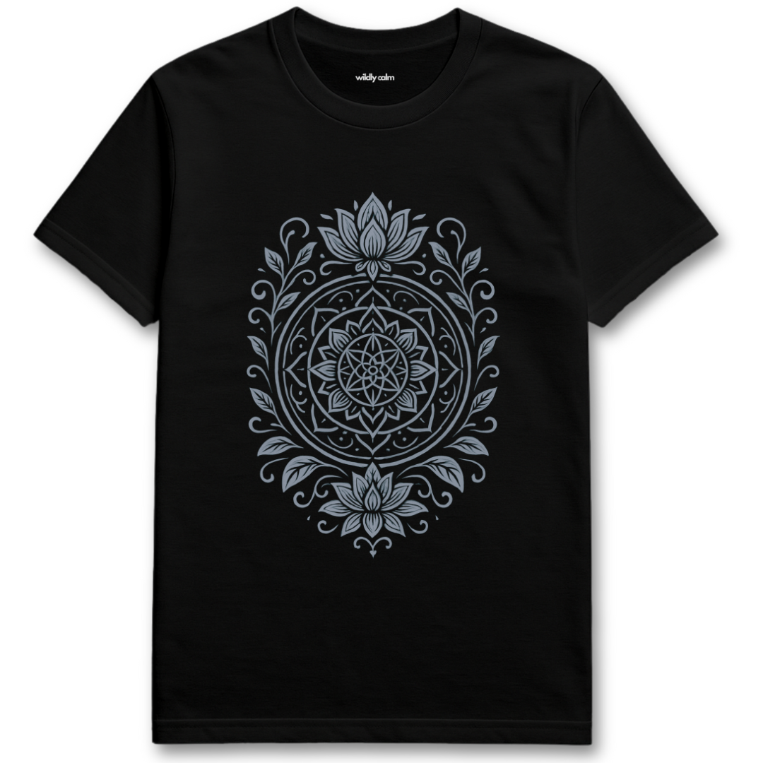 Wildly Calm_Petal_Leaf Harmony Mandala_Black yoga t-shirt with black mandala design on a white background