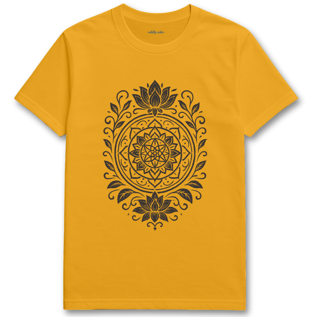 Wildly Calm_Petal_Leaf Harmony Mandala_Gold yoga t-shirt with black mandala design on a white background