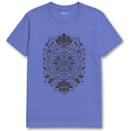 Wildly Calm_Petal_Leaf Harmony Mandala_heather royal blue yoga t-shirt with black mandala design on a white background