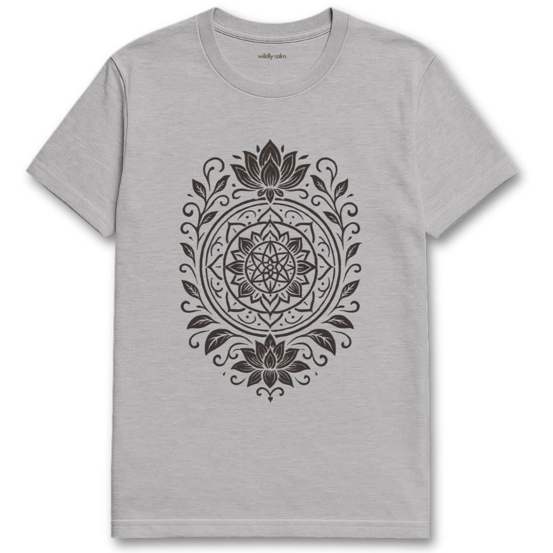 Wildly Calm_Petal_Leaf Harmony Mandala_Sports Grey yoga t-shirt with black mandala design on a white background