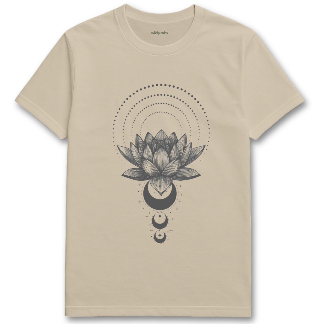 Petals of Peace_Sand/ Beige t-shirt with a black lotus flower design for Yoga - Wildly Calm