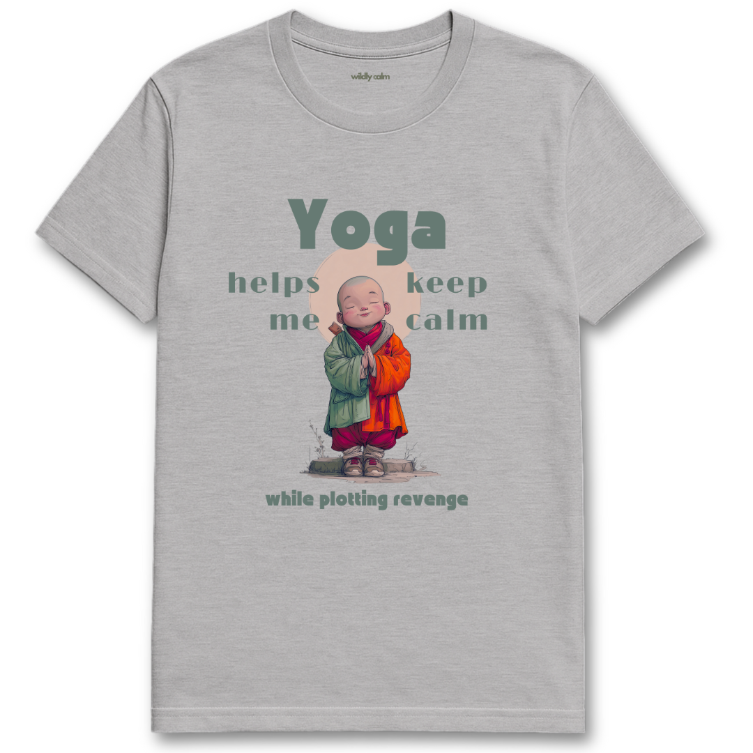 Wildly Calm_Plotting Revenge Yoga Humor_Sports Grey t-shirt with a cartoon monk and text on a white background