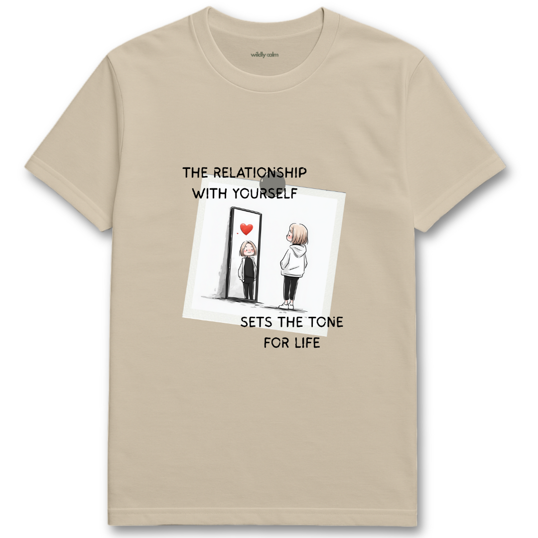 Positive Self Relation sand yoga t-shirt with a graphic and 'the relation with yourself sets the tone for life' text - wildly calm