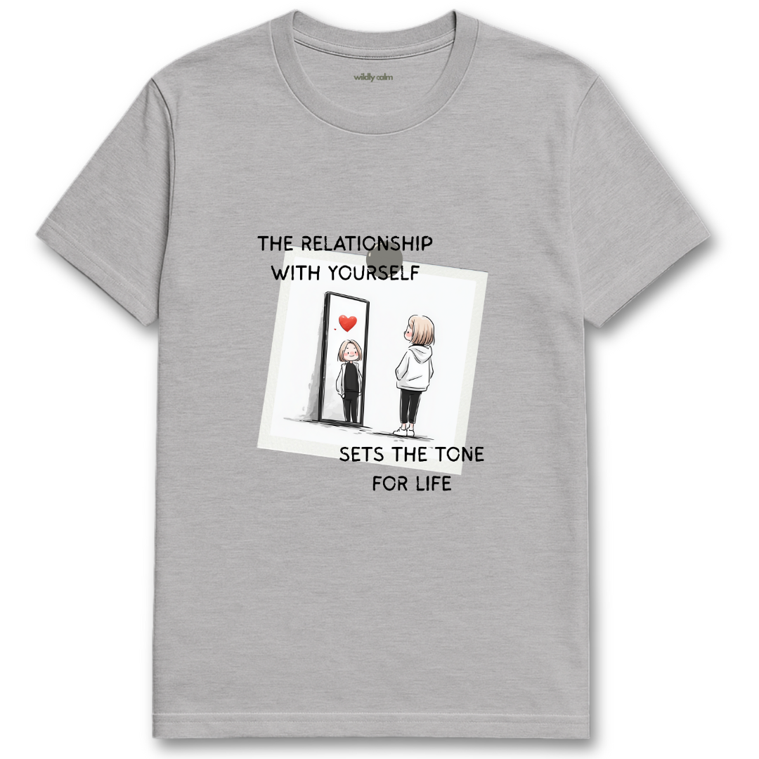 Positive Self Relation sports grey yoga t-shirt with a graphic and 'the relation with yourself sets the tone for life' text - wildly calm