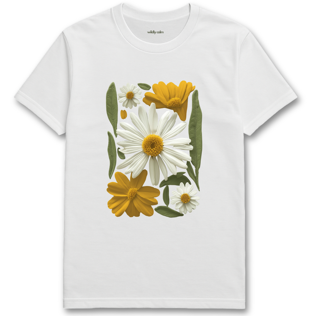 Pretty Flowers White yoga t-shirt with yellow and white floral design - wildly calm