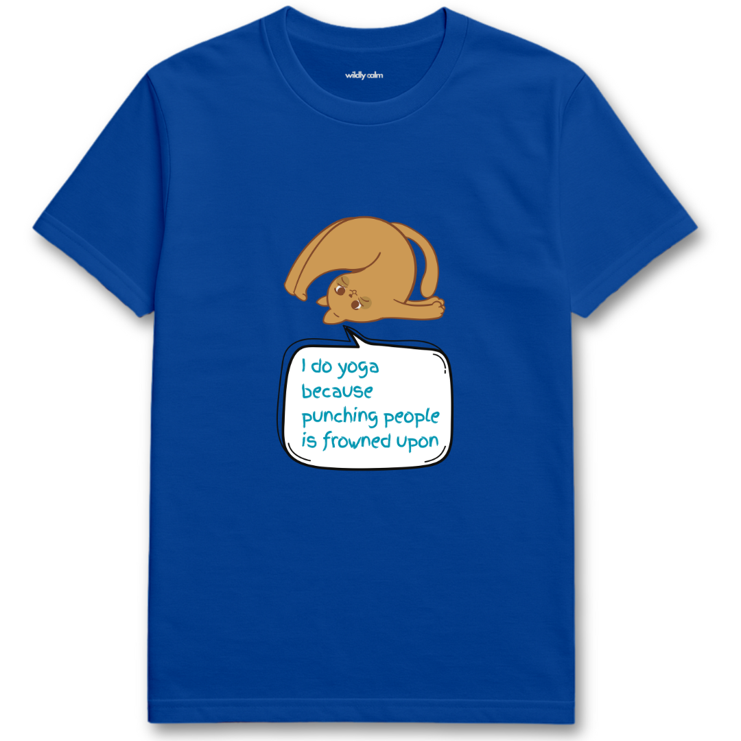 Wildly Calm_Punching People Yoga Humor_royal blue t-shirt with a graphic of a character and text on a white background