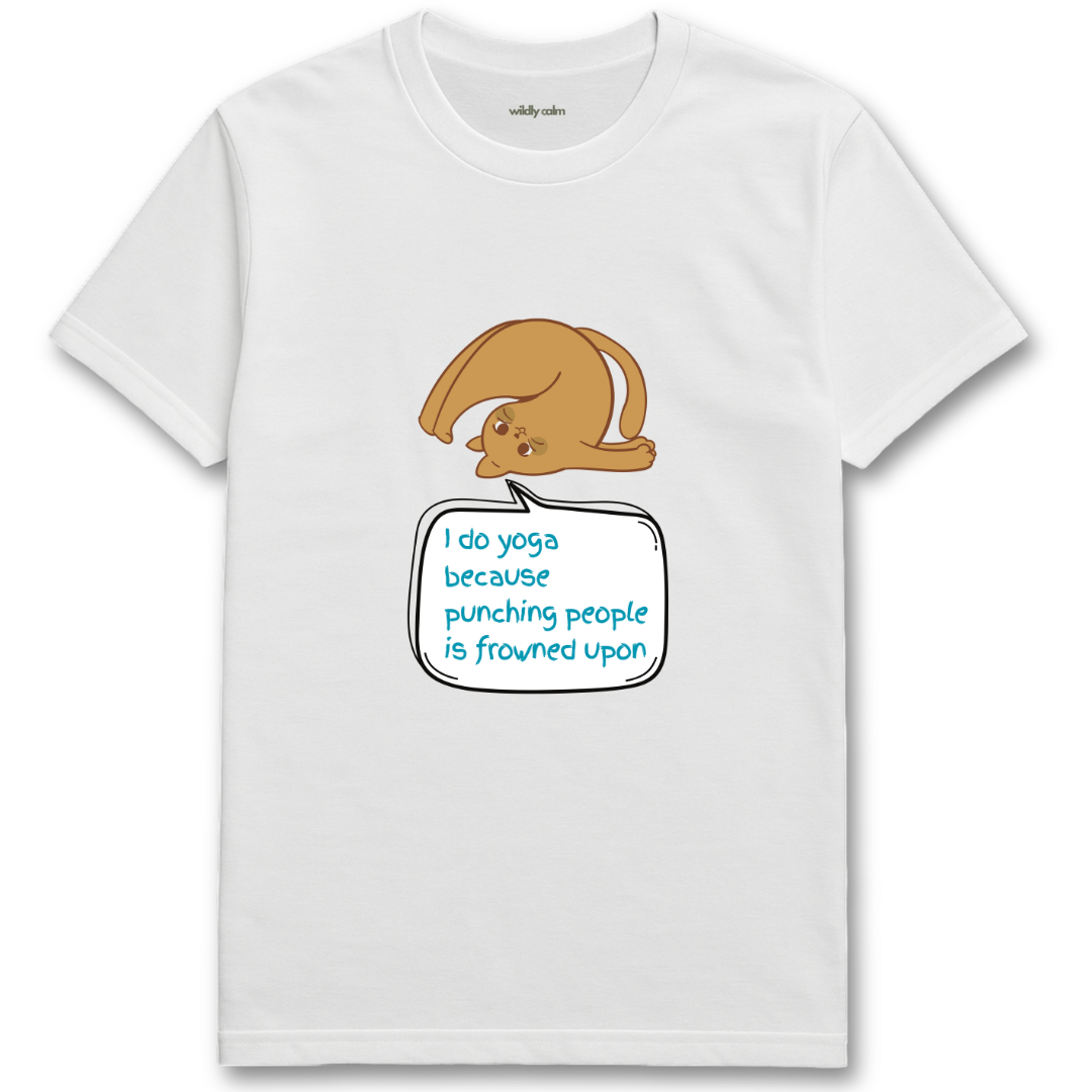 Wildly Calm_Punching People Yoga Humor_white t-shirt with a graphic of a character and text on a white background