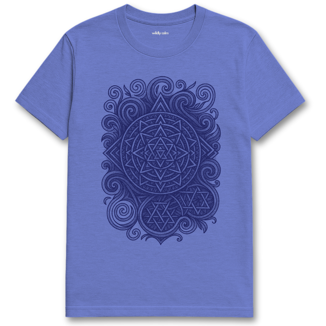 Wildly Calm_Quantum Harmony Mandala Heather royal blue yoga t-shirt with a blue geometric design on a white background