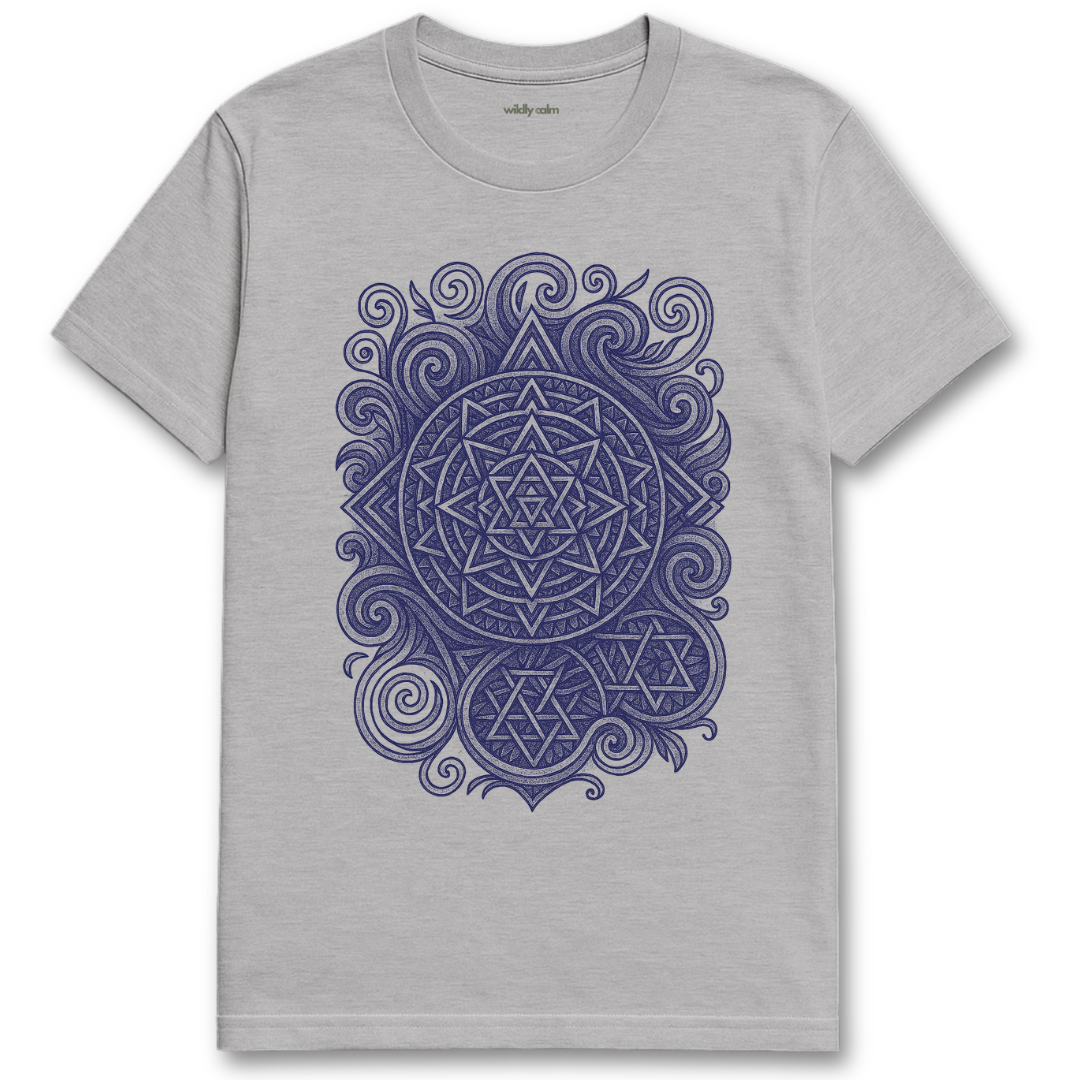 Wildly Calm_Quantum Harmony Mandala Sports grey yoga t-shirt with a blue geometric design on a white background