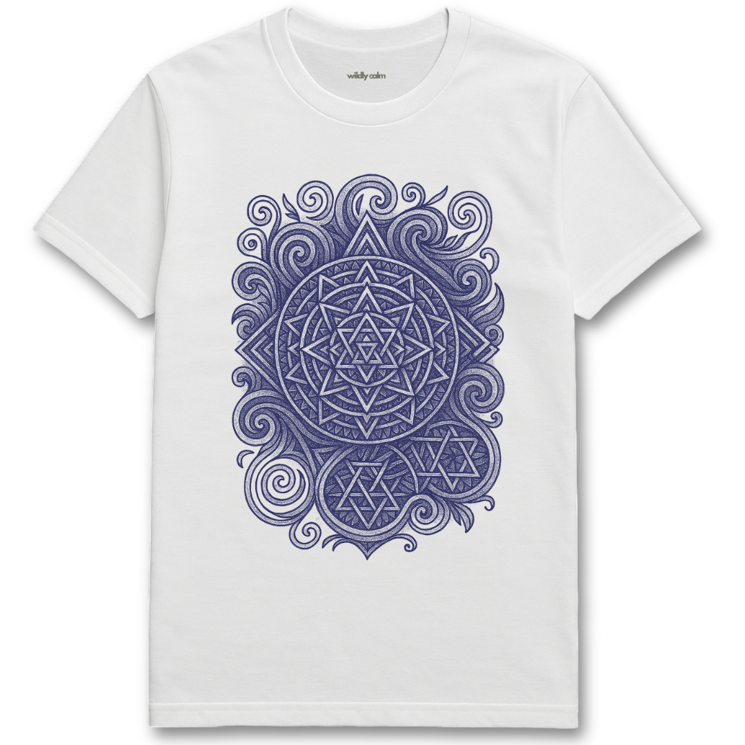 Wildly Calm_Quantum Harmony Mandala White yoga t-shirt with a blue geometric design on a white background
