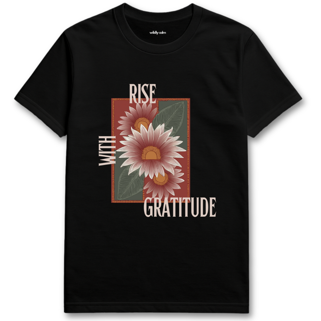 Black Yoga t-shirt with a floral design and text 'Rise with Gratitude' - wildly calm