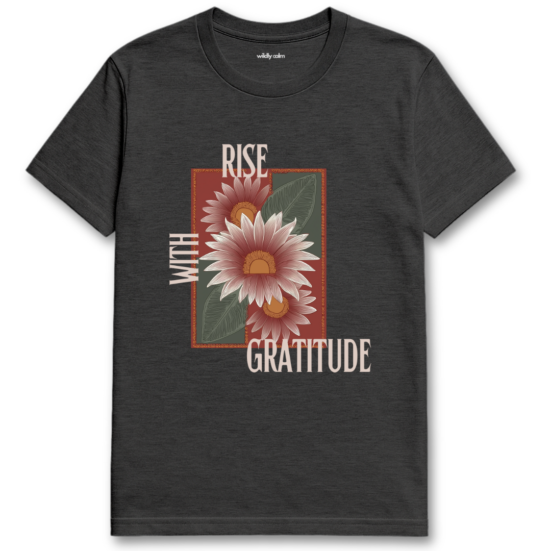 Heather dark grey Yoga t-shirt with a floral design and text 'Rise with Gratitude' - wildly calm