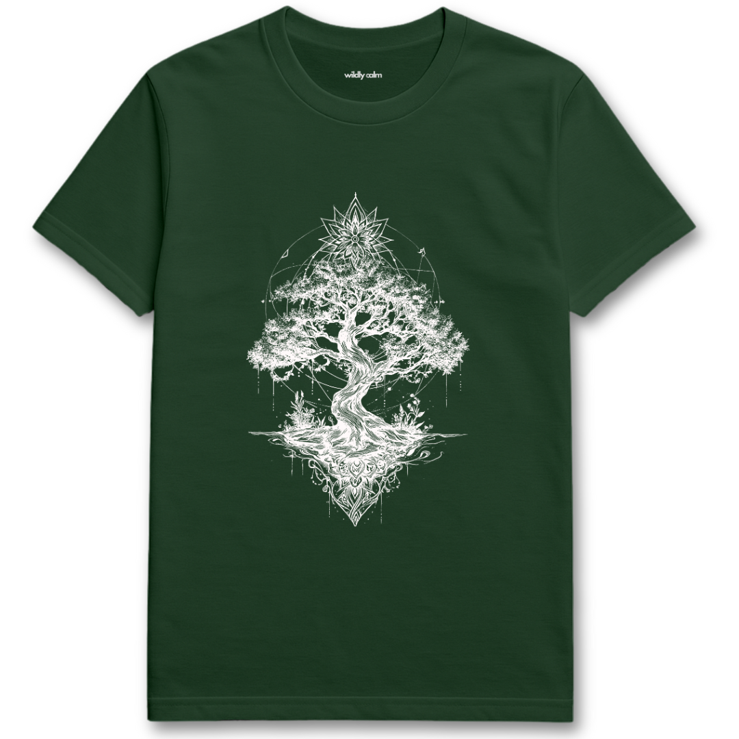 Rooted Celestia_Forest Green t-shirt with a white tree design - wildly calm