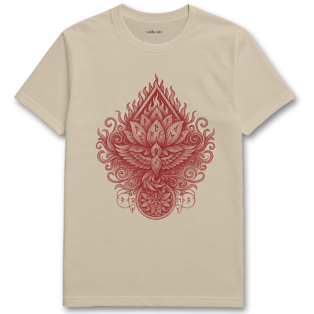 Sand / Beige Rune-Flame-Lotus t-shirt with a red intricate design on a white background for Yoga - Wildly Calm