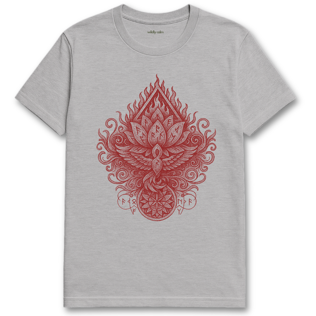 Sports Gray Rune-Flame-Lotust-shirt with a red intricate design on a white background for Yoga - Wildly Calm