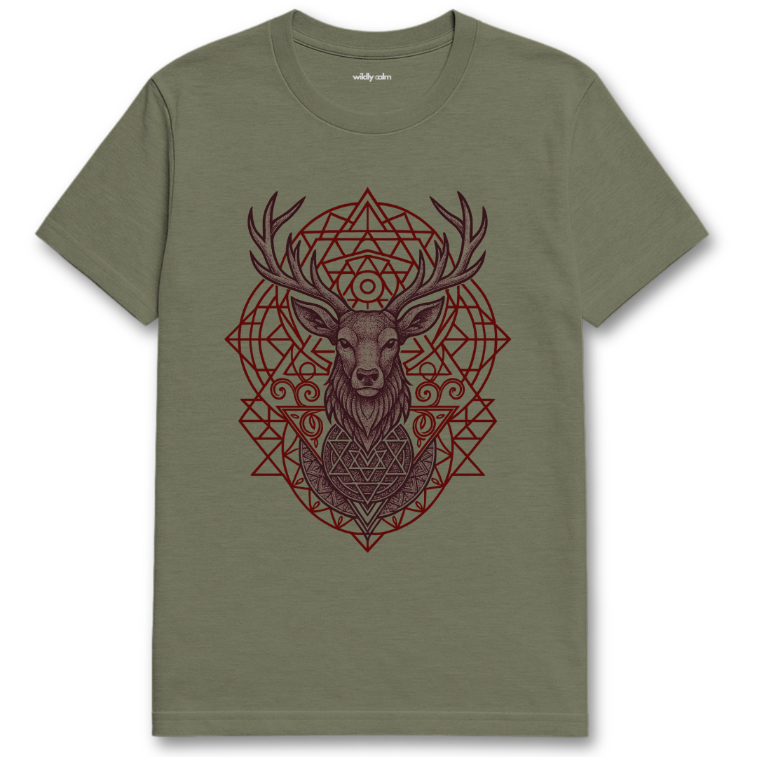 Sacred Axis Deer Mandala_Heather Military Green yoga t-shirt with a red deer geometric design on a white background