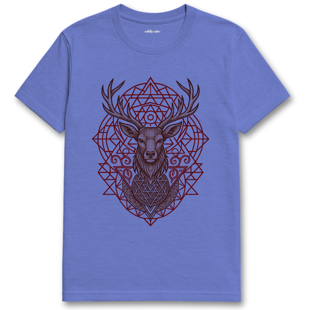 Sacred Axis Deer Mandala_Heather Royal blue yoga t-shirt with a red deer geometric design on a white background