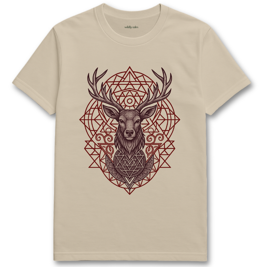 Sacred Axis Deer Mandala_sand yoga t-shirt with a red deer geometric design on a white background