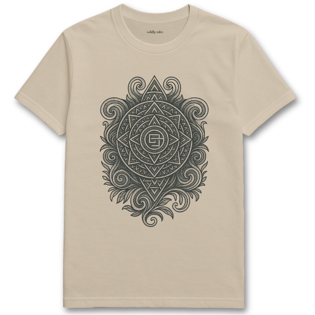 Wildly Calm_Chakra Convergence Mandala_sand/ beige t-shirt with a black geometric design on a white background