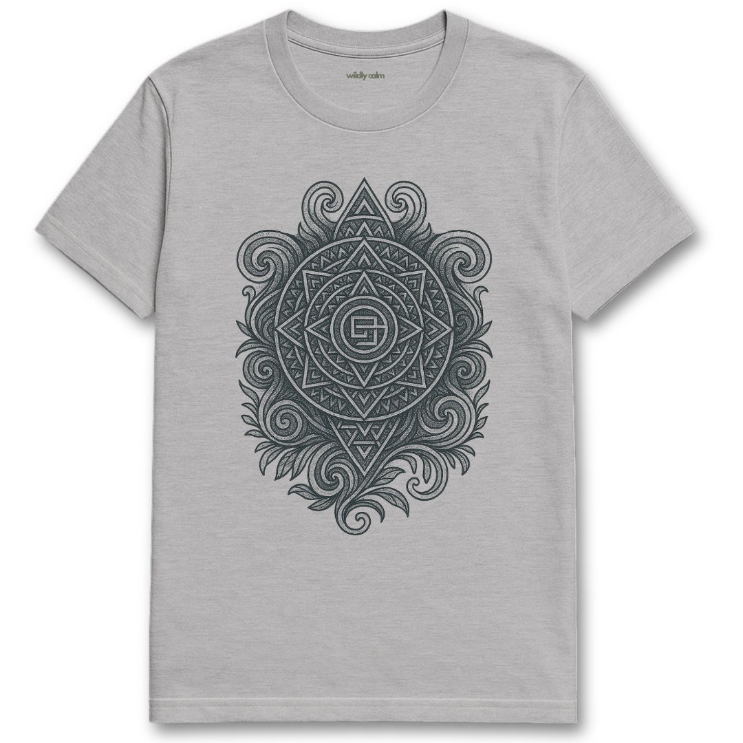 Wildly Calm_Chakra Convergence Mandala_sports grey t-shirt with a black geometric design on a white background